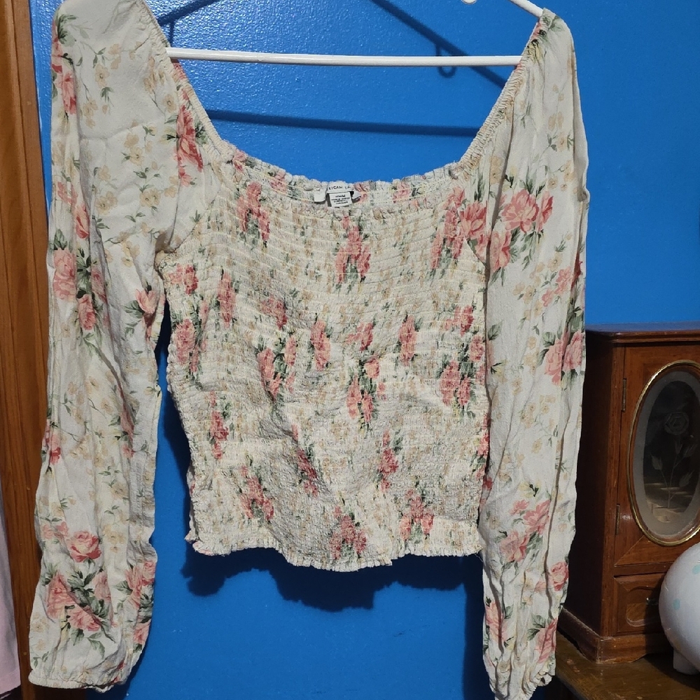 American Eagle Outfitters Floral Smocked Blouse - Pink and Cream